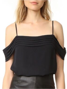 T by Alexander Wang 100% Silk Black Cold-Shoulder Pleated-Trim Camisole